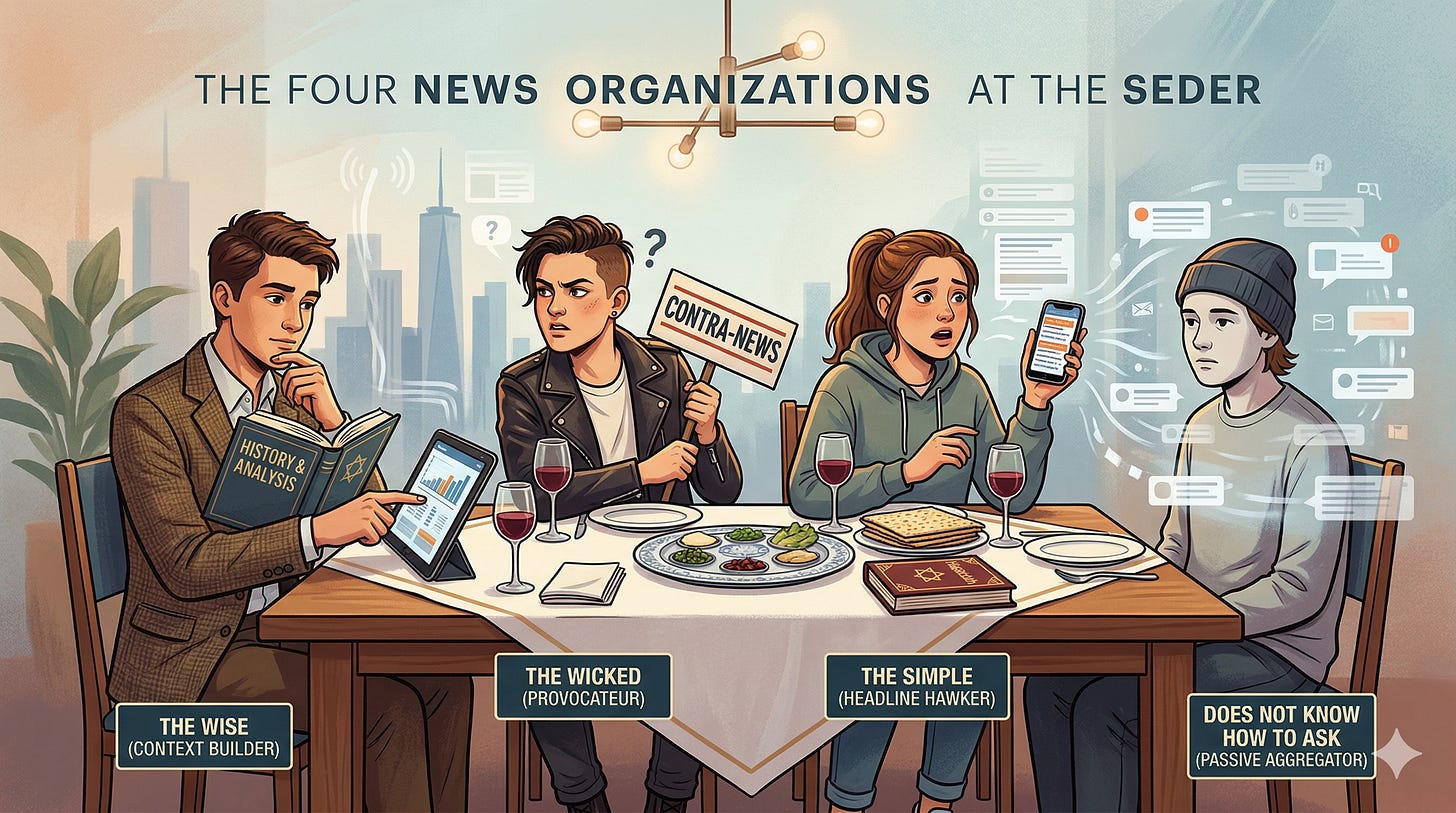 A horizontal, illustrative photograph in a warm, modern graphic novel style showing four diverse young adults seated at a Passover Seder table. Integrated text titles read 'THE FOUR NEWS ORGANIZATIONS AT THE SEDER' above them. From left to right: 'THE WISE (CONTEXT BUILDER)' studies a tablet and data; 'THE WICKED (PROVOCATEUR)' questions, looking away with a contrarian sign; 'THE SIMPLE (HEADLINE HAWKER)' looks overwhelmed, holding a smartphone with endless headlines; 'DOES NOT KNOW HOW TO ASK (PASSIVE AGGREGATOR)' sits quietly amidst digital data fog, not engaging. The scene includes a Seder plate, matzah, wine, and a modern 'Hagaddah' book. The background blends a blurred city skyline and symbolic digital news flows.