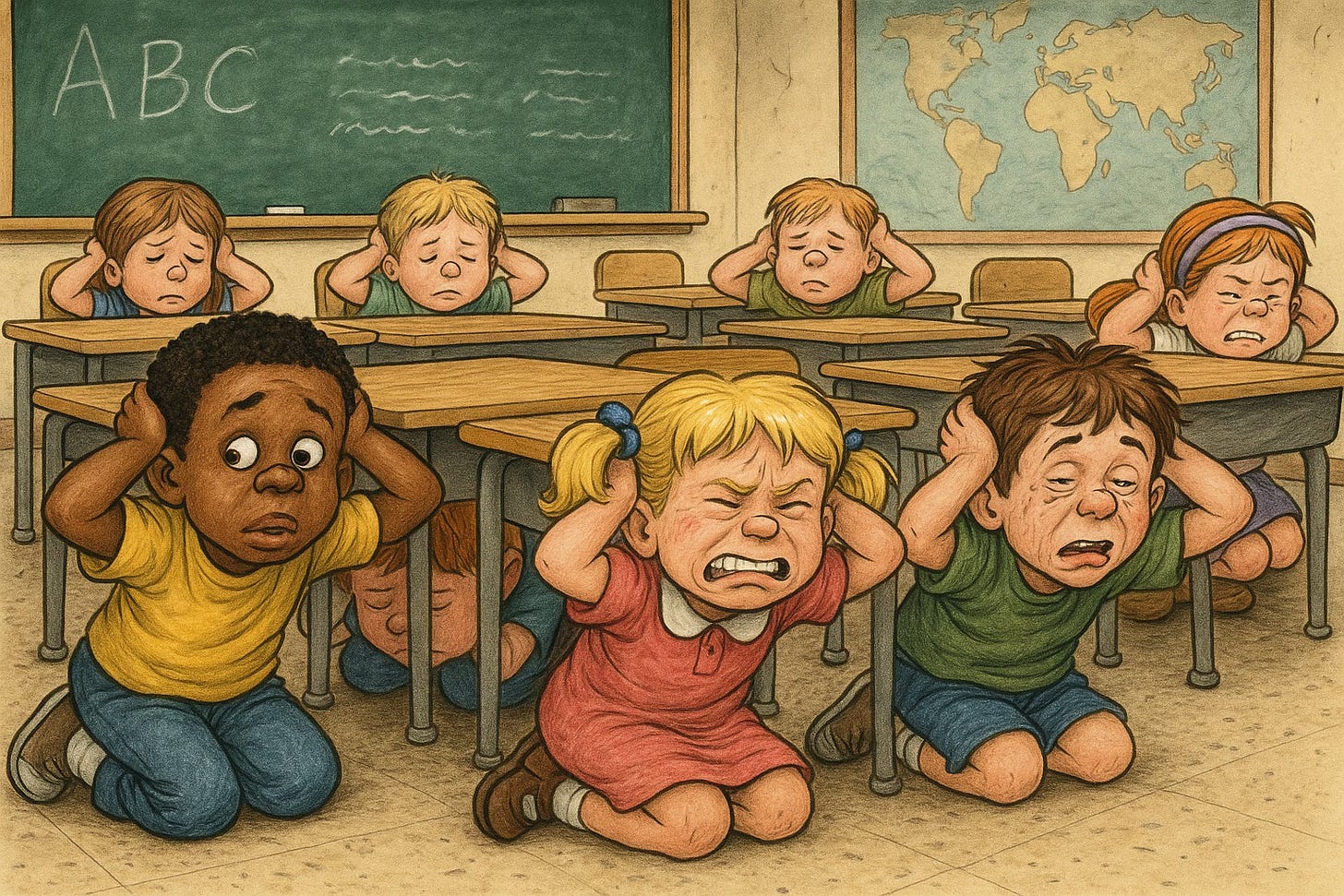 Children with hands behind heads under desks in schoolroom.
