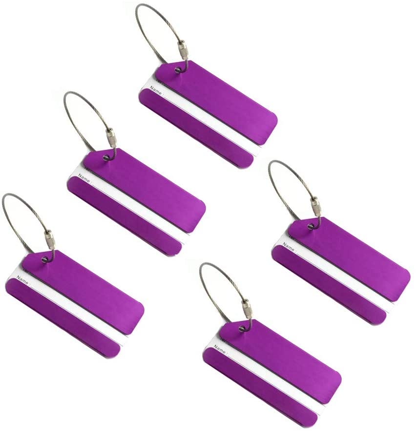 a set of purple and white luggage tags clearly identifying your name are an import step on the airport checklist