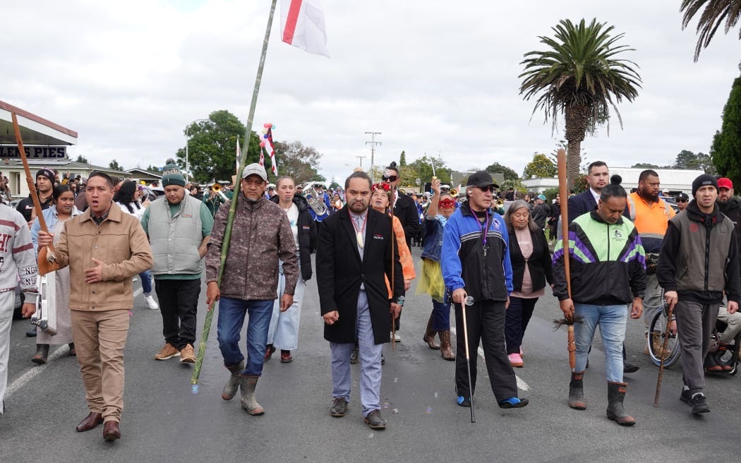 Community leaders front the hīkoi as it makes its way down Broadway. Community leaders front the hīkoi as it makes its way down Broadway.