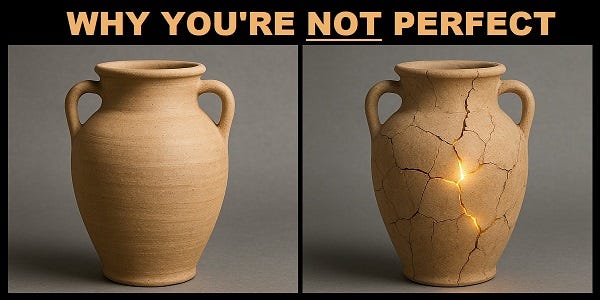 an illustration of two jars of clay, one perfectly solid, the other cracked but allowing light to shine through it. At the top of the image are the words "Why you're not perfect"