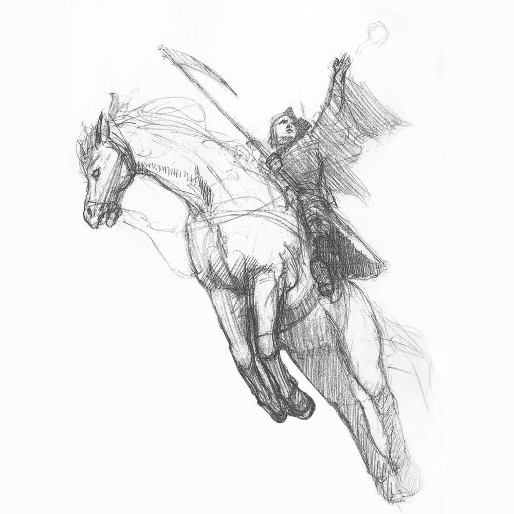 Pencil sketh of Death, portrayed as a man in black cloak carrying a scythe, rides on an actual horse as portrayed in mid leap with front hooves and back together in pairs.