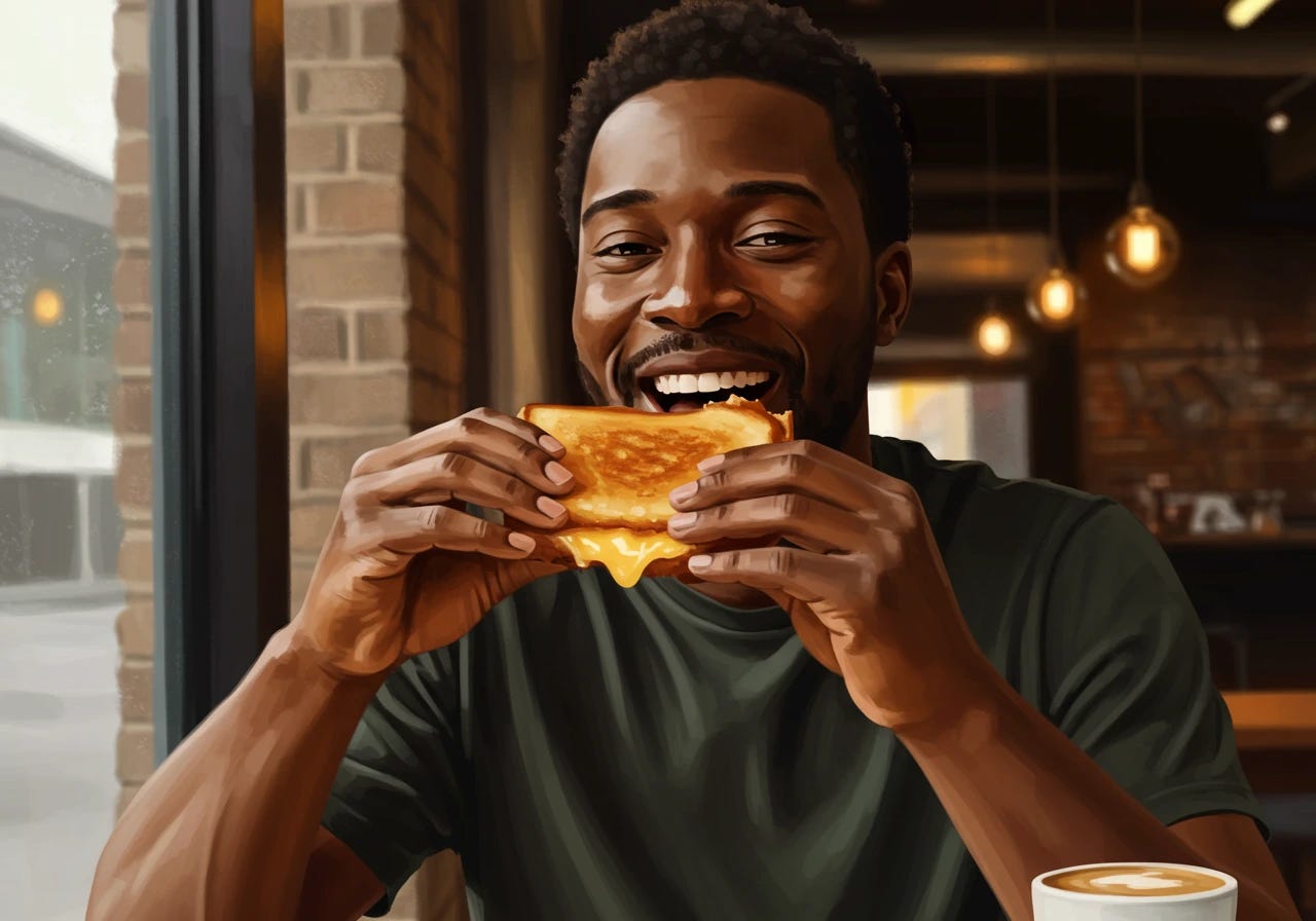 black man eating a grilled cheese sandwich black man eating a grilled cheese sandwich