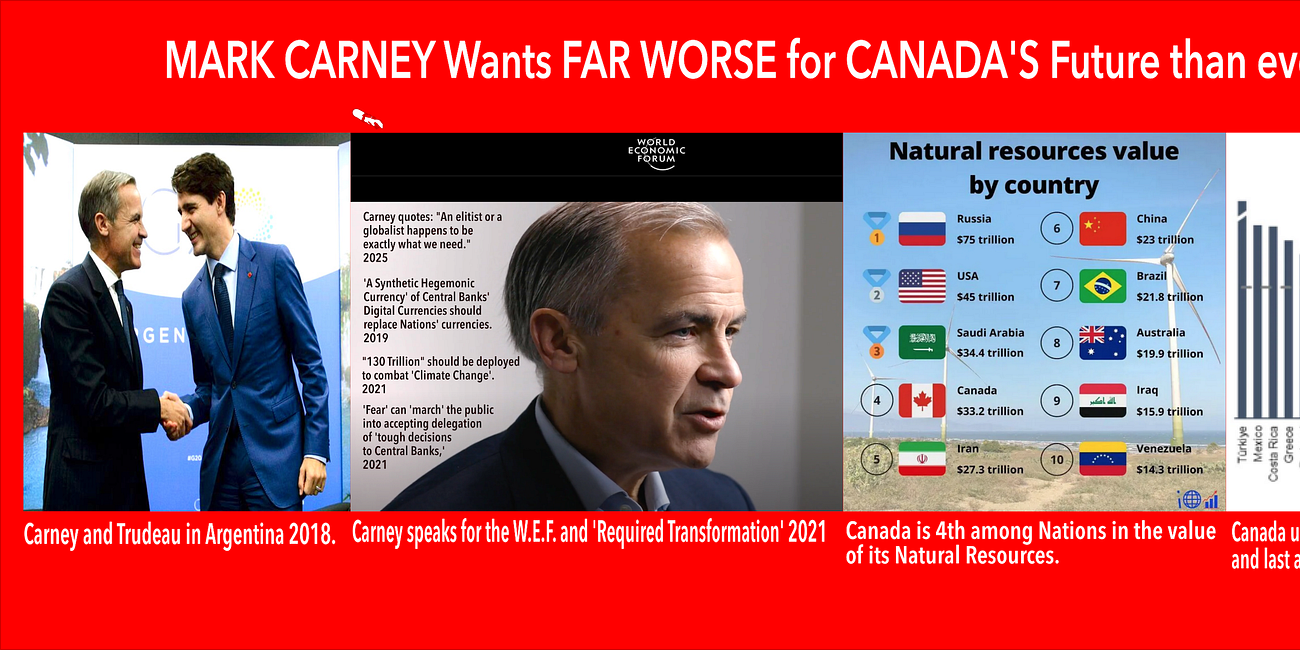 MARK CARNEY wants far worse for Canada. Carney of the W.E.F. Wants $130 Trillion for 'Climate Change', a 'Synthetic Hegemonic Currency' of Central Banks' CBDCs, and a Canada More Wrecked by Debts. 