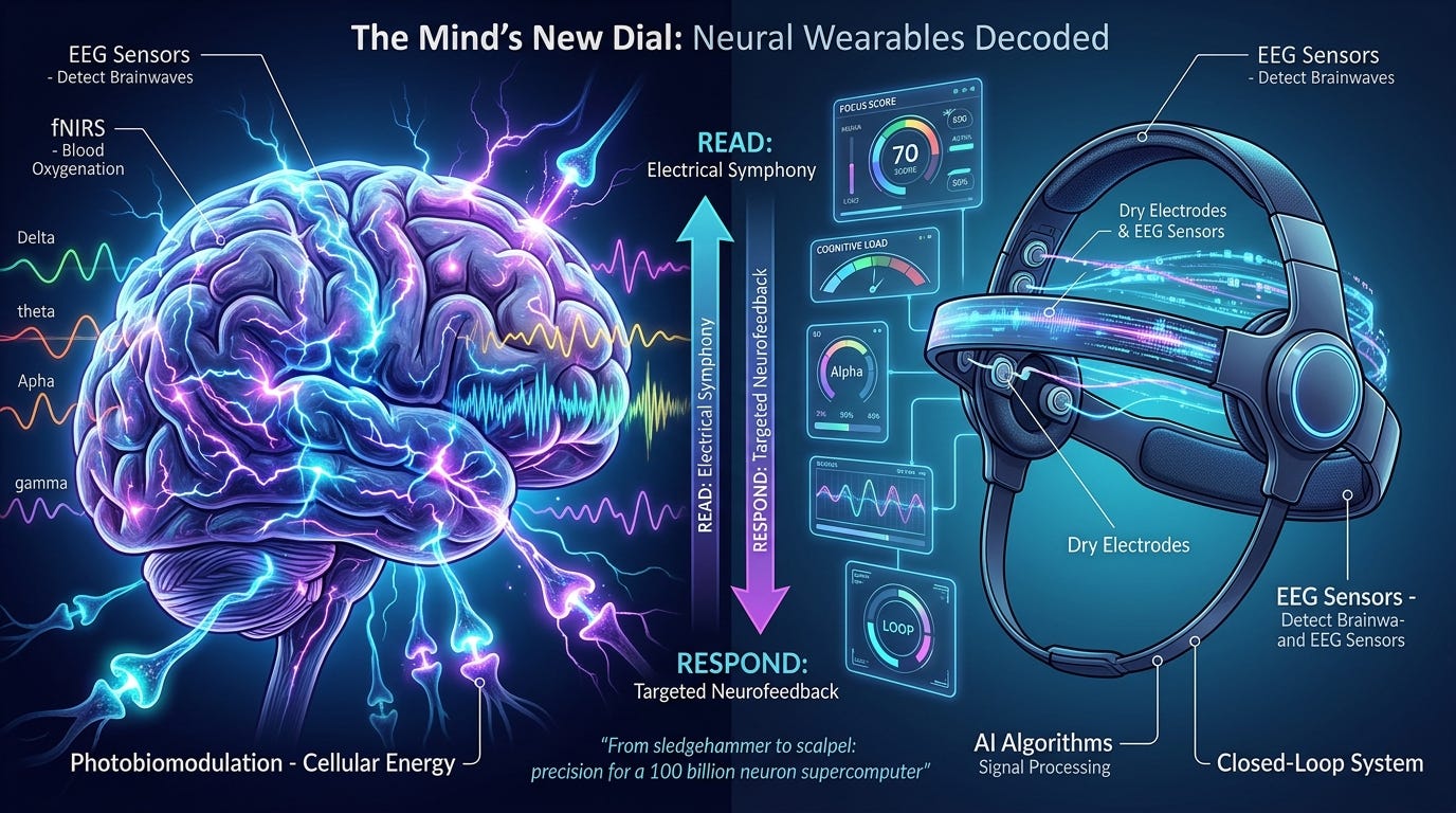 Figure 1. Neural wearables decoded: EEG sensors, photobiomodulation, AI algorithms, and closed-loop feedback turn raw brain signals into a programmable interface.