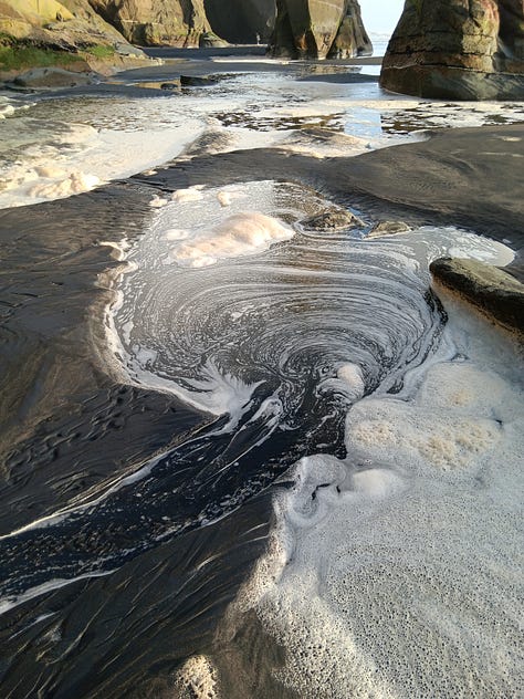 6 photos. 1. driftwood, 2 hagstone, 3. more driftwood and stacks behind, 4. swirling spume 5. a sea stack 6. wide shot stacks and sand and sea spume