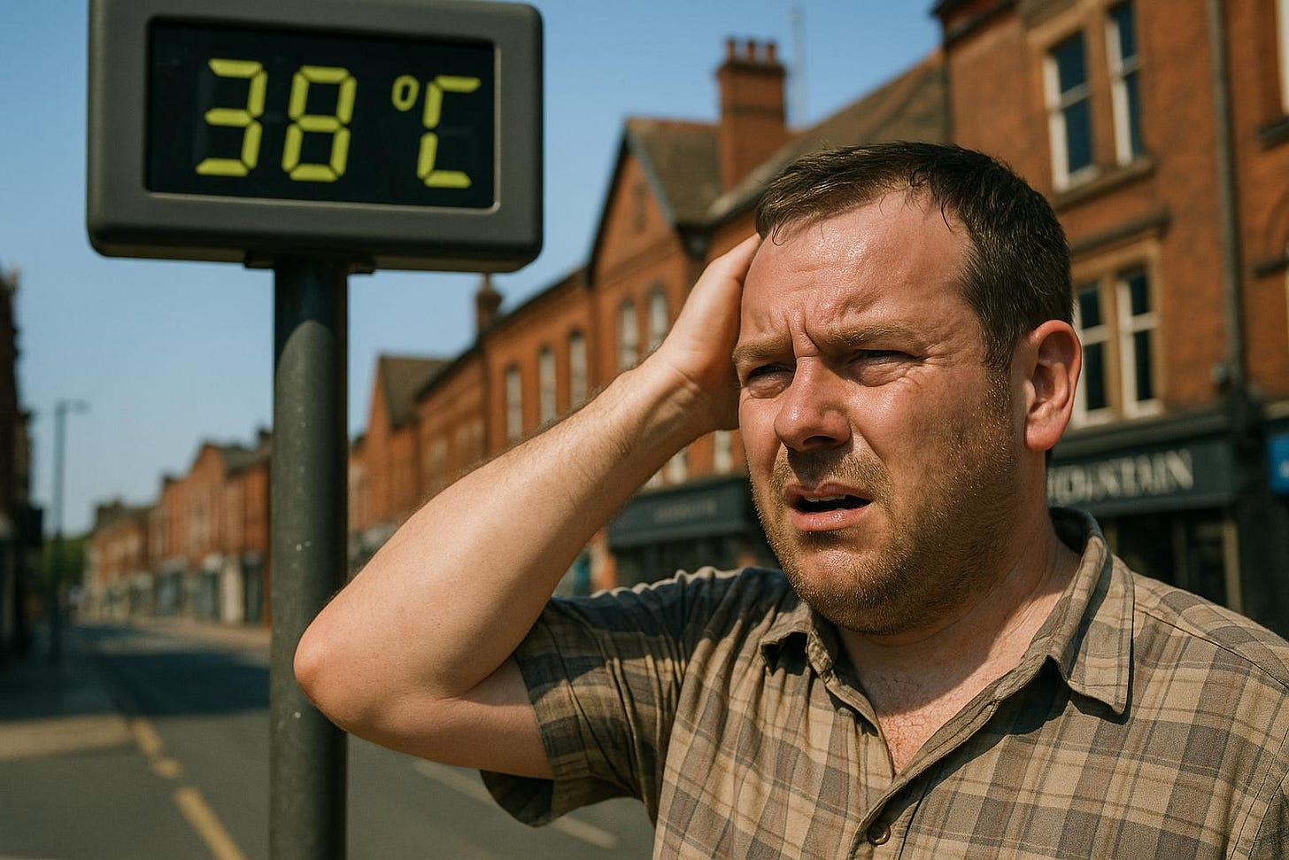 Man Suffering in 38°C Heatwave on British High Street Man Suffering in 38°C Heatwave on British High Street