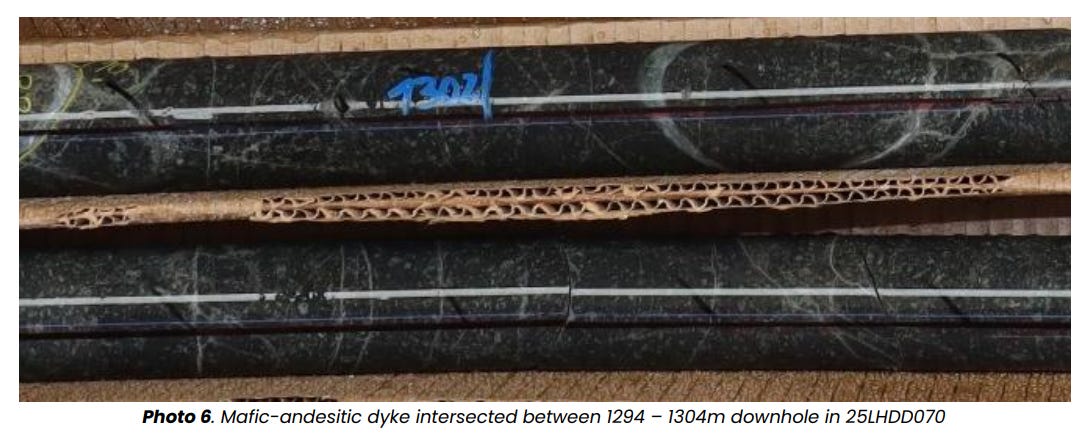Dark drill core sections with fine veining, labelled markings and cardboard spacers showing a mafic–andesitic dyke.
