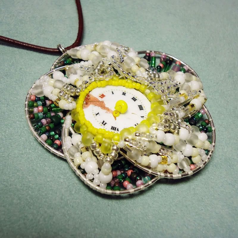 freeform peyote wire flower antique watch face necklace What's Old is New Again freeform peyote wire flower antique watch face necklace What's Old is New Again