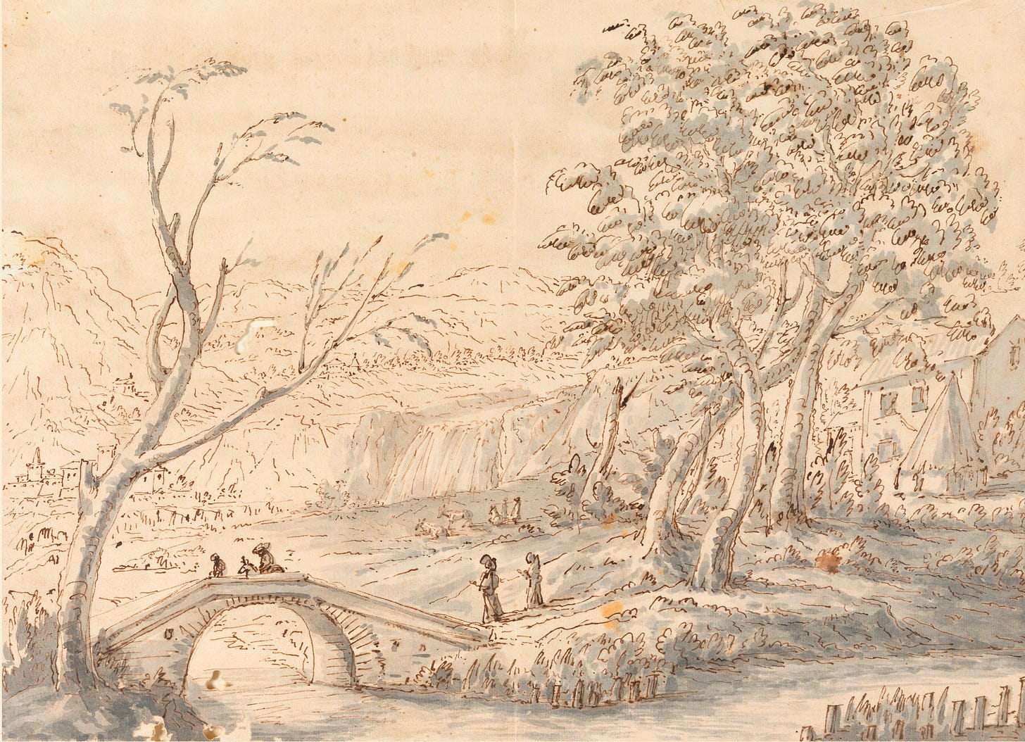 Pen, ink, and watercolor drawing. Mountainous country with a town at left in the middle ground. In the foreground is a brook, over which leads a bridge at left. Two persons approach it, a rider and a pedestrian are upon it. At right is a farm with trees in front. Pen, ink, and watercolor drawing. Mountainous country with a town at left in the middle ground. In the foreground is a brook, over which leads a bridge at left. Two persons approach it, a rider and a pedestrian are upon it. At right is a farm with trees in front.