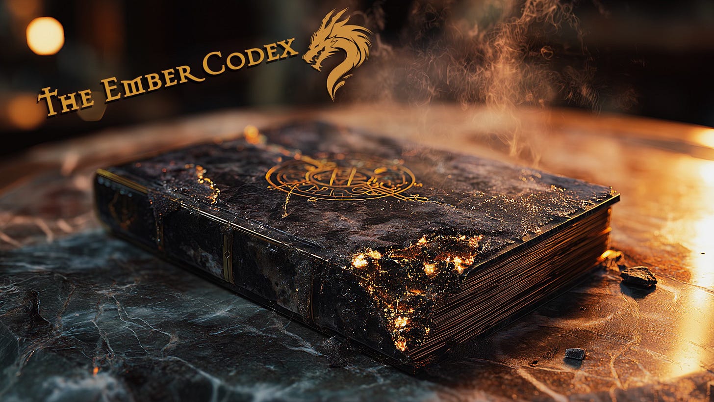 A charred, obsidian-bound book with glowing ember cracks rests on a stone surface, its cover marked with a gold sigil as smoke rises in warm firelight.