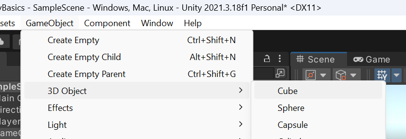 Creating our first GameObject: a cube. This object will render the cube in our scene