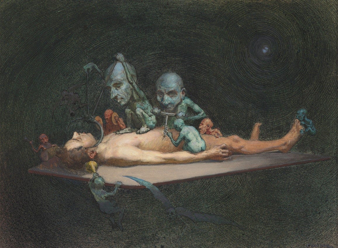 A man lying on an operating table with demon-like creatures on his chest