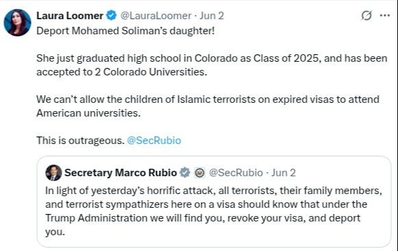 Laura Loomer has called for Mohamed Soliman’s daughter and the rest of his family to be deported - a position Secretary of State Marco Rubio appeared to endorse online