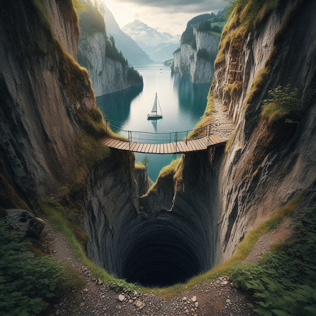 a very small bottomless pit in the middle of a narrow walking path high above a small lake with a sailboat on it
