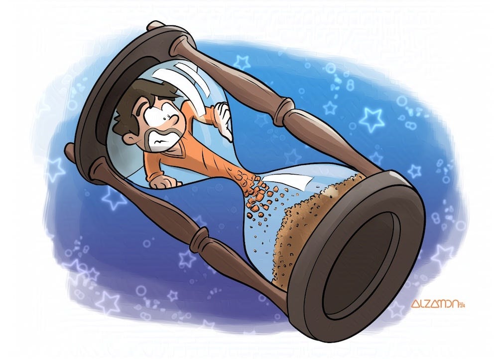 Illustration depicting a self caricature of the author, concerned at being reduced to dust inside an hourglass floating in space.
