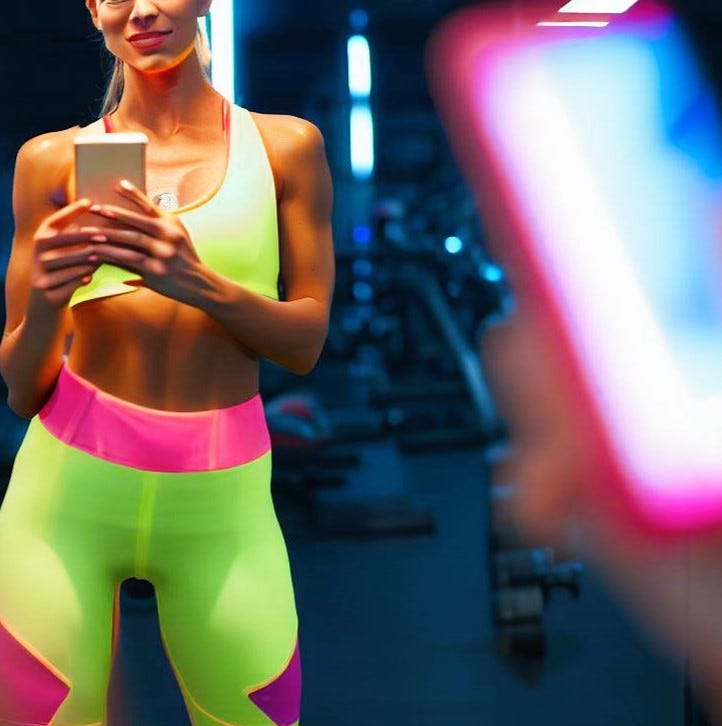 AI-generated image: A female gym user wearing neon lycra takes a selfie whilst admiring herself in a large mirror. AI-generated image: A female gym user wearing neon lycra takes a selfie whilst admiring herself in a large mirror.
