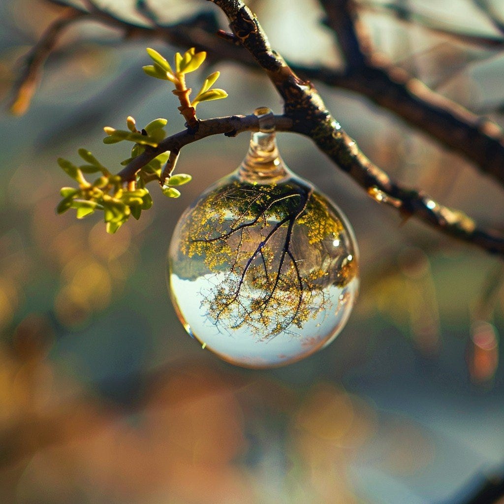 In this enchanting image, a glass orb suspended from a slender tree branch encapsulates a serene natural scene. The reflective surface of the orb creates a captivating visual effect, mirroring the surrounding environment in a miniature, upside-down landscape within its confines. The golden hues of sunlight filter through the branches, further enhancing the etherial and magical atmosphere of the moment. This imaginative portrayal invites a deeper contemplation of the interplay between art and nature.