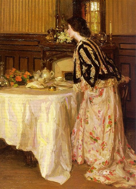 Tea Time with a painting from Mary Cassatt and Henry Salem Hubbell and tea cup from my Grandmother