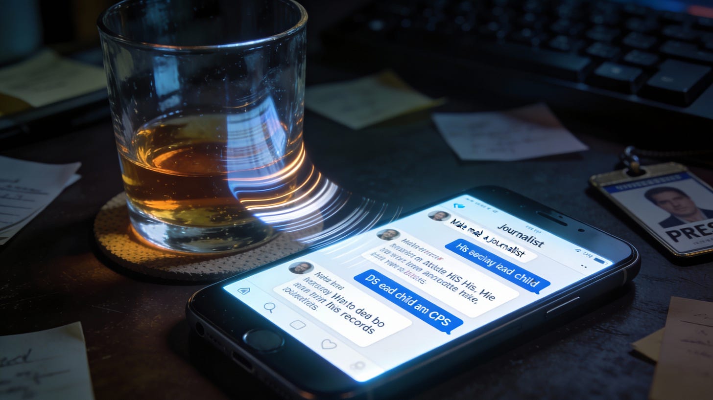 Symbolic close-up of a glowing smartphone with online harassment reflected in a half-empty whiskey glass on a cluttered desk. Symbolic close-up of a glowing smartphone with online harassment reflected in a half-empty whiskey glass on a cluttered desk.
