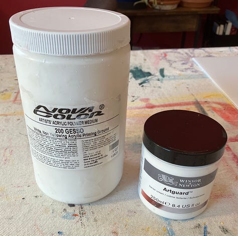 Stencil, gesso and ArtGuard, color testing and the first coat of paint.