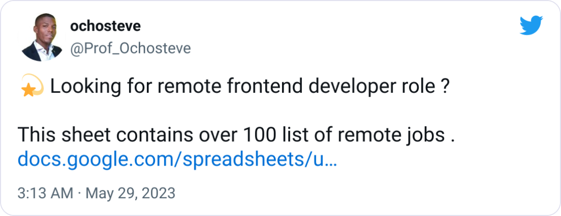 ochosteve @Prof_Ochosteve ๐ซ Looking for remote frontend developer role ? This sheet contains over 100 list of remote jobs . https://docs.google.com/spreadsheets/u/0/d/1M55ndoy1TAU4AlG4iZAeXFXuVf6yRIHeTgYouNFJXfA/htmlview#gid=0 ochosteve @Prof_Ochosteve ๐ซ Looking for remote frontend developer role ? This sheet contains over 100 list of remote jobs . https://docs.google.com/spreadsheets/u/0/d/1M55ndoy1TAU4AlG4iZAeXFXuVf6yRIHeTgYouNFJXfA/htmlview#gid=0
