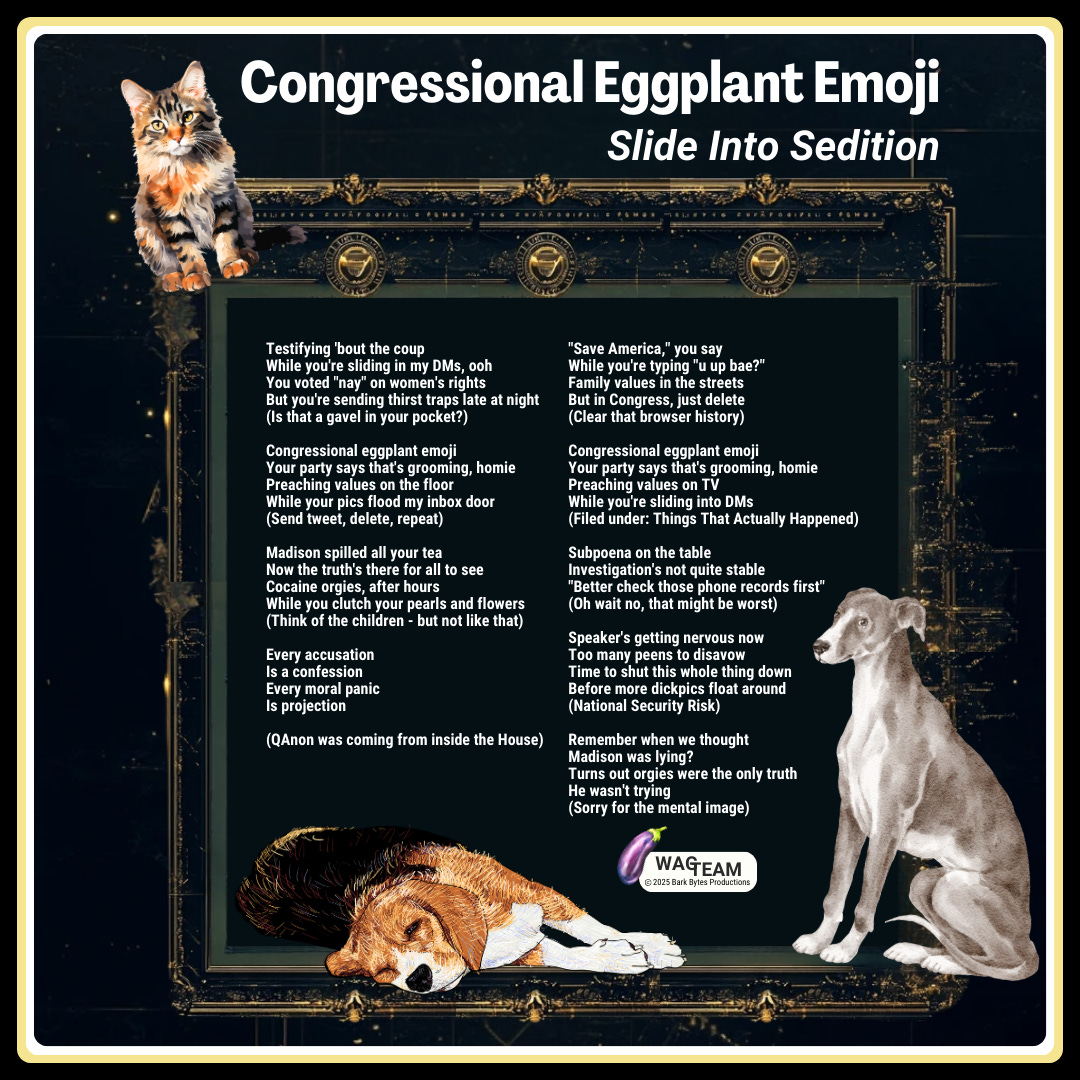 An ornate Victorian-style frame in aged gold contains song lyrics displayed in white text against a deep navy background. A dignified Maine Coon cat (Frannie) perches regally atop the frame, while a philosophical-looking coonhound (Moby) lounges at the bottom, appearing thoroughly done with everything. Three vintage-style medallions are embedded in the frame's top rail, each bearing the same mysterious seal. The entire composition is set against a dark backdrop with subtle tech-themed elements.