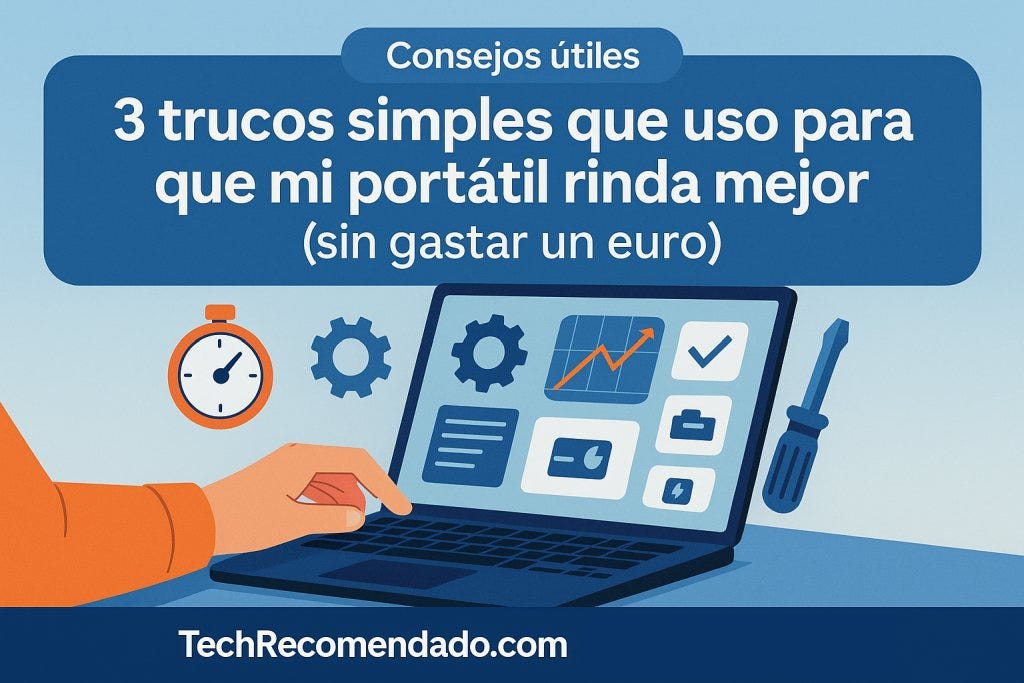 Ilustración con una persona optimizando su portátil, acompañada de iconos de batería, engranaje y carpeta, y texto promocional