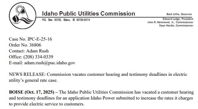 Idaho Power — Hearings Canceled! Commission vacates customer hearing and testimony deadlines in electric utility’s general rate case. 