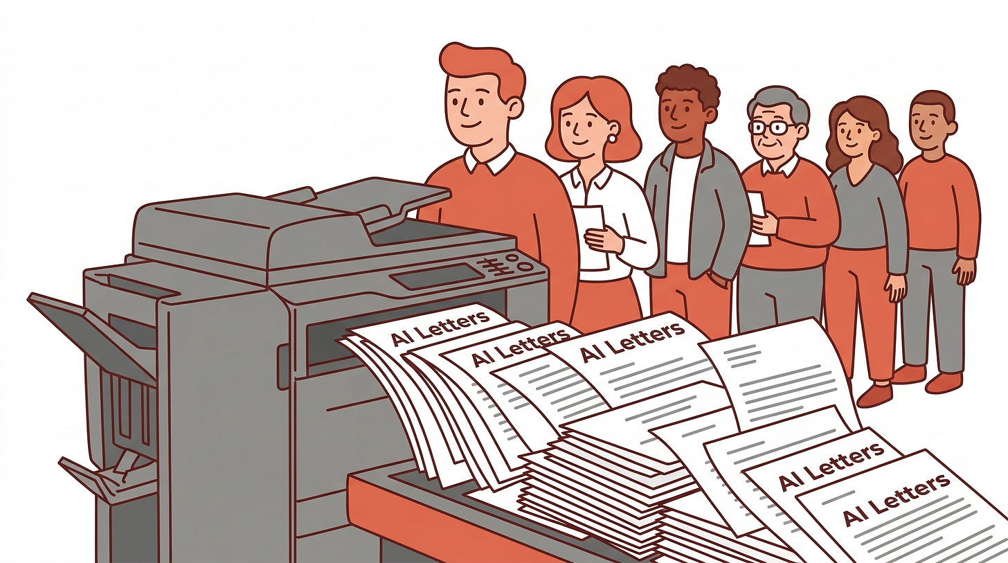 A copy machine spitting out identical cover letters while hopeful people wait in line