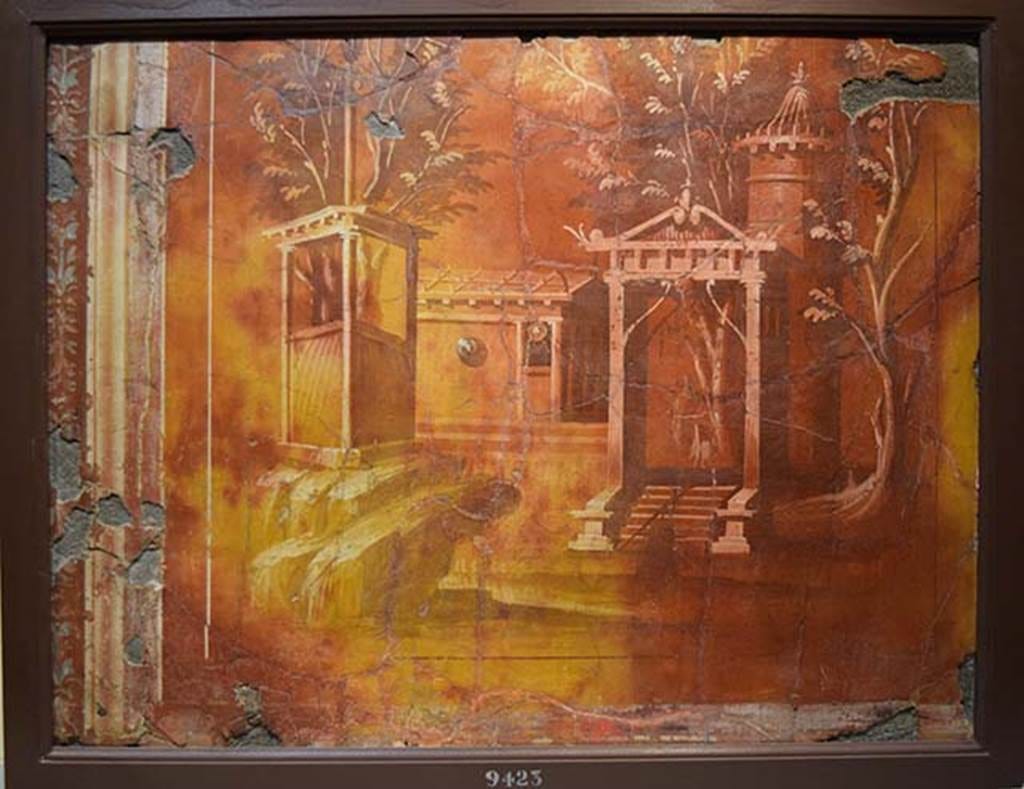 Villa dei Papiri, Herculaneum. East wall of ala (d). Monochrome landscape fresco.
Now in Naples Archaeological Museum. Inventory number 9423.
According to Esposito, the observation of the remains still in situ in the two alae and of the fragments detached during the excavation of the end of the last century from the ala (d) confirm the provenance of these environments, most likely from the east wall of the ala (d) of the two fragments with monochromatic landscapes preserved at the Naples Museum. 
Imitating panels of orthostats decorated with monochrome are often used in the middle of the II style walls. 
The closest comparison can be established with the monochrome landscapes painted in the antechamber of the triclinium (14) of the villa A of Oplontis. At other times the monochrome panels are placed inside an aedicula located in the centre of the wall, as seen in room (23) of the same villa in Oplontis, or in the two fragments from the so-called villa of the Royal Stables in Portici.
See Esposito D., 2010. Le pitture della Villa dei Papiri ad Ercolano in La Villa Romaine de Boscoreale et ses Fresques. édicions errance: Musée royal de Mariemont. p. 215, figg. 7, 8, 9.
