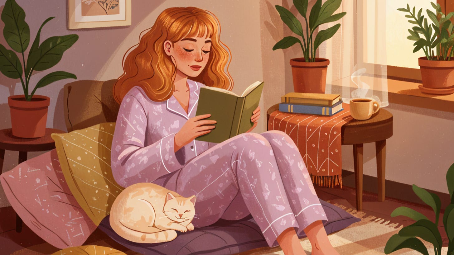 Ilustração de uma mulher ruiva de pijama lilás sentada em um ambiente acolhedor, lendo um livro com um gato adormecido em seu colo. Ao redor, há almofadas, plantas, livros empilhados e uma xícara com vapor saindo. A cena transmite calma, introspecção e aconchego — como um momento de pausa e cuidado com a própria companhia.