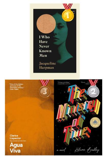 pyramid of book cover images with Agua Viva on the bottom left, The Ministry of Time on the bottom right, and I Who Have Never Known Men on the top.