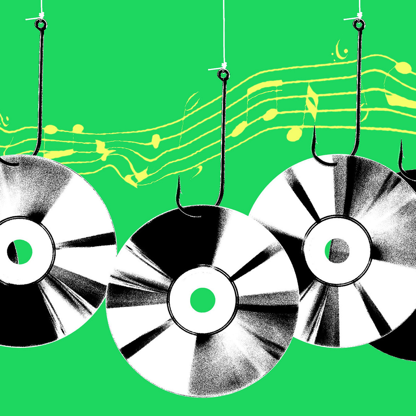 CD’s hanging on fishhooks to represent AI scam albums.