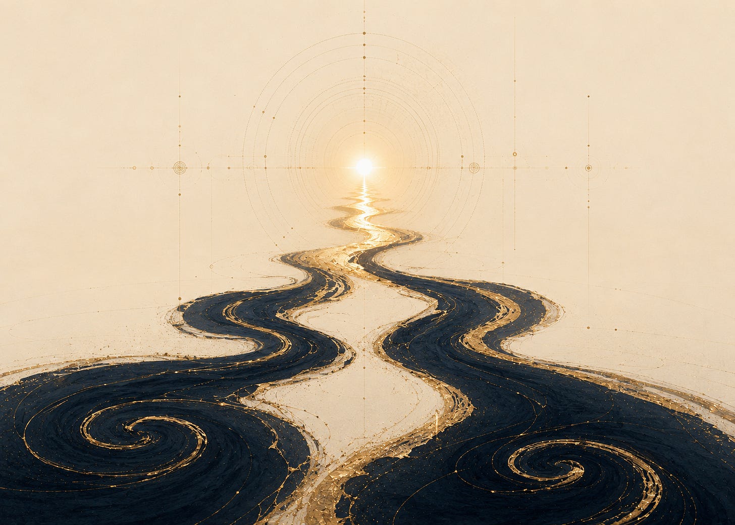 Editorial-style Substack feature image in a cream, navy, and gold color palette. Three deep navy rivers flow from different directions across a textured cream landscape. One river forms a spiral, another appears fractured with gold seams, and a third flows smoothly. All three converge into a single luminous golden river that continues toward a glowing horizon. Delicate celestial geometry and fine gold linework float subtly in the background, creating a sense of unity, realization, and hidden patterns leading back to one source. The image symbolizes different life struggles, beliefs, or thought patterns ultimately originating from the same underlying cause.