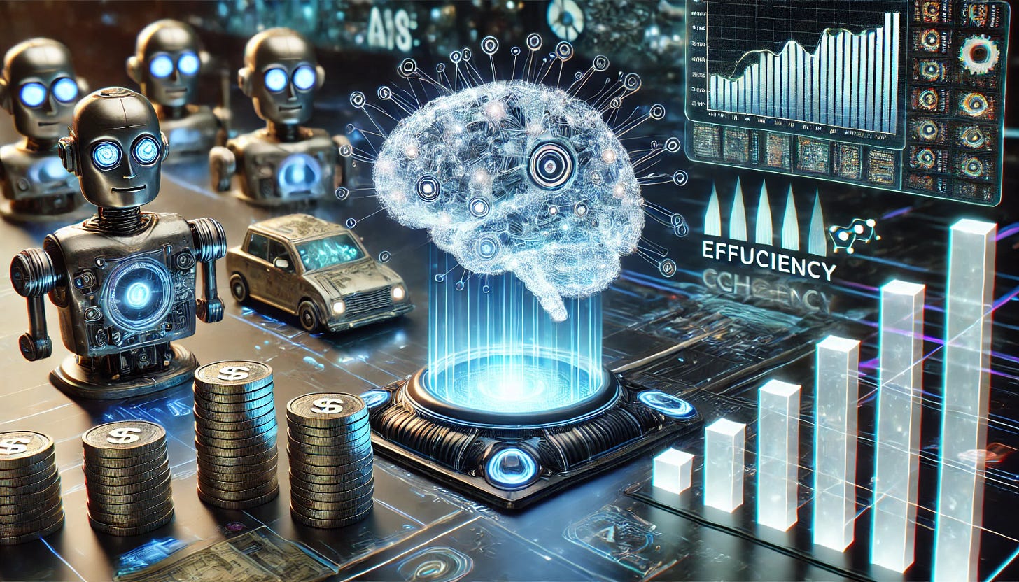 A 16:9 futuristic illustration representing an AI model that was trained more efficiently and cheaply than top players. The central focus is a glowing, streamlined AI brain surrounded by dynamic light trails and data streams, symbolizing speed and efficiency. Beneath it are stacks of coins and bars of efficiency metrics displayed holographically. In the background, faint images of traditional AI models appear as large, clunky machines, overshadowed by the sleek, efficient AI in the foreground. The scene emphasizes innovation and cost-effectiveness in AI training.
