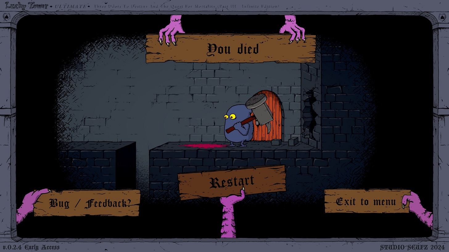 A screenshot of Lucky Tower Ultimate, showing the Hammer Monster after crushing Von Wanst to a bloody pulp.