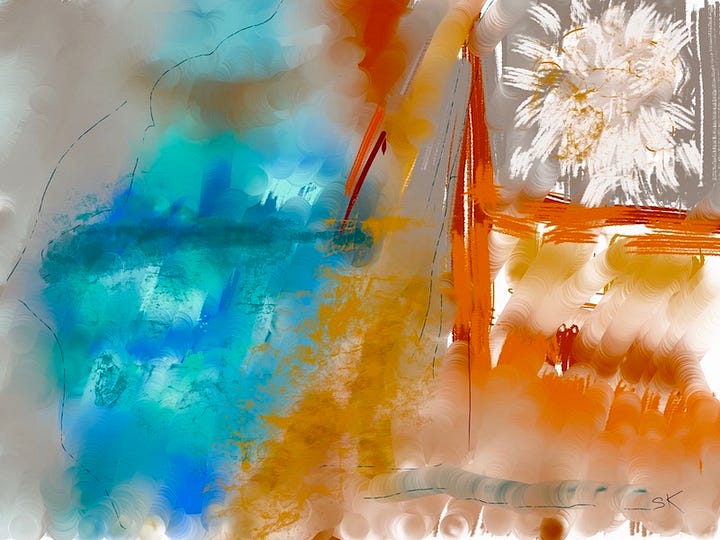 Two paintings by Sherry Killam Arts depicting the difference between her vision in right eye and both eyes, blurry and gray/distorted blues and oranges.