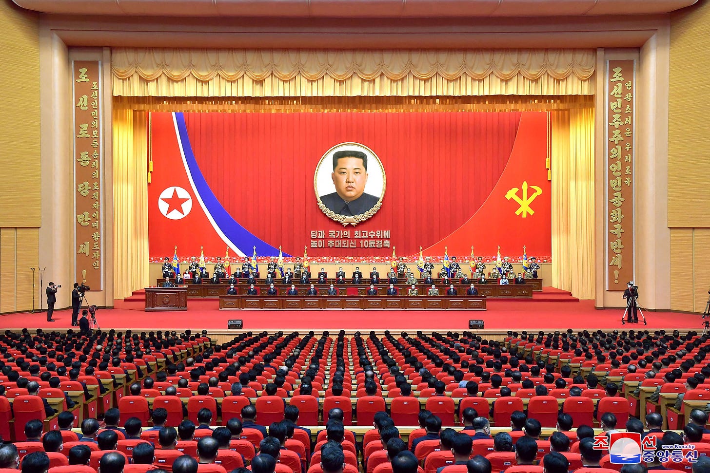 A portrait of North Korea's leader Kim Jong Un is displayed at a national meeting to commemorate Kim's 10-year anniversary as head of the country's ruling Workers' Party of Korea (WPK) in Pyongyang