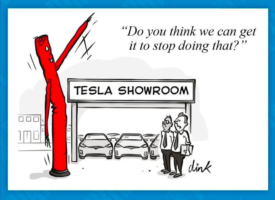 May be an image of car and text that says 'KeithKrokyn Keith Krokyn 9h "Do yου think we can get itto it to stop doing that?" TESLA SHOWROOM dink'