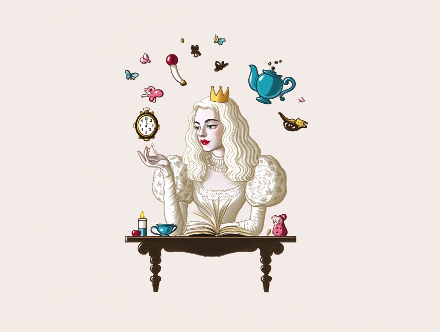 Illustration of the White Queen sitting at the breakfast table surrounded by floating impossible objects