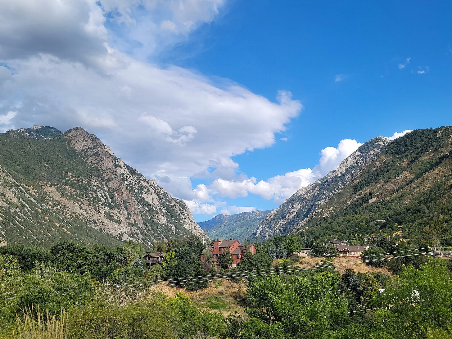 Sunlit rocky peaks above a green Little Cottonwood Canyon with houses below Sunlit rocky peaks above a green Little Cottonwood Canyon with houses below