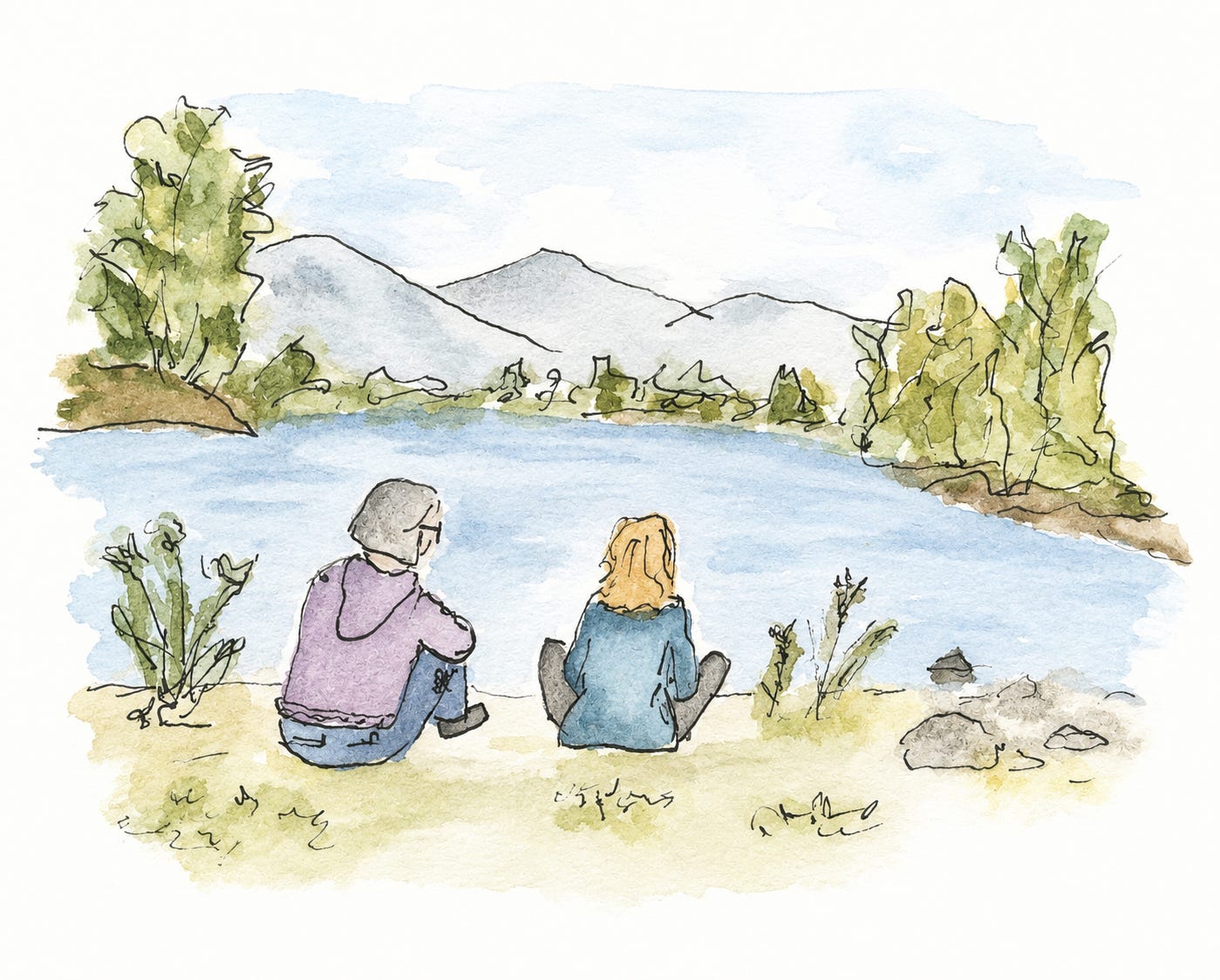 A loose pen-and-watercolour illustration of two women sitting side by side on a grassy riverbank, looking across a wide, calm river towards distant hills and trees. The scene is painted in soft blue, green and earthy washes with delicate black ink lines, creating a peaceful landscape that conveys quiet companionship and reflection.