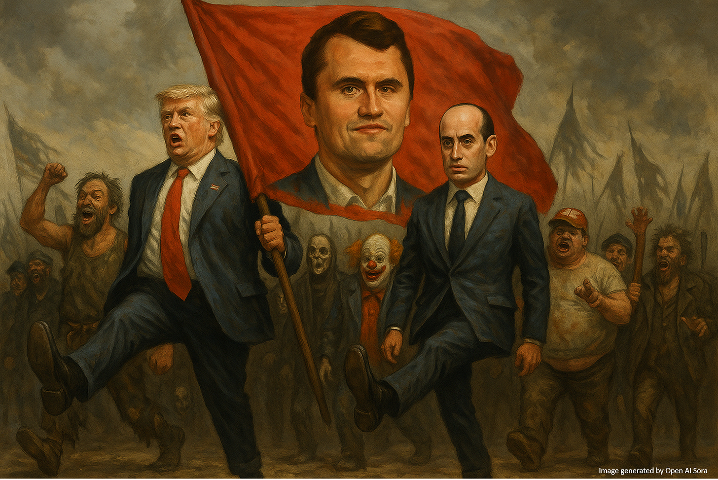 Picture of Donald Trump, holding a large banner with Charlie Kirk's image on it, marching in lock goose-step with Stephen Miller. They are leading a rag-tag army of misfits and miscreants.