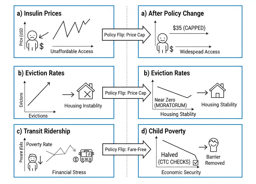 Four panels showing effects of policy flips: insulin price cap vs cost spikes, eviction moratoria vs rent debt, transit fees vs free rides, and child tax credit expansion vs cuts.