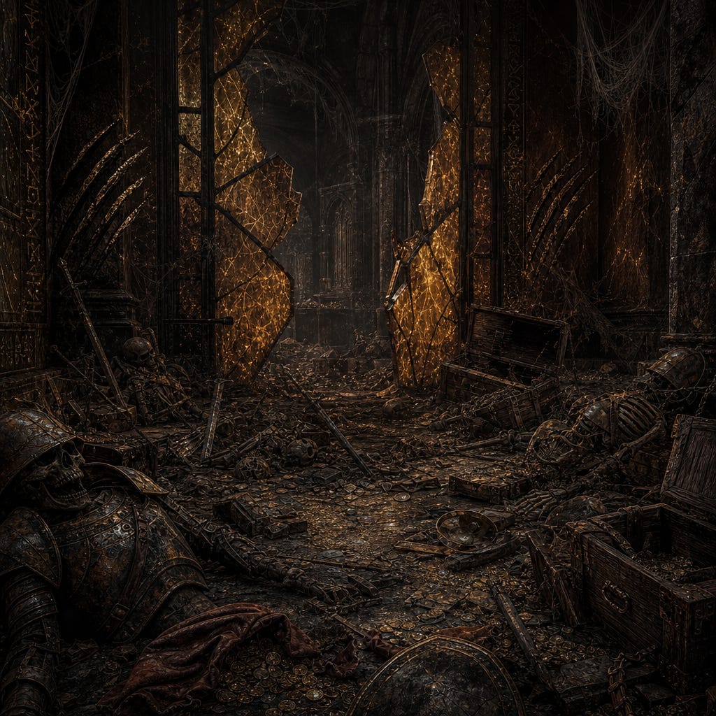 Ruined Amber Temple treasury, shattered amber doors, crushed bones in rusted armor, splintered weapons, torn coin sacks, shattered chests, dust and cobwebs, stench of old death, amber walls scarred by claw marks