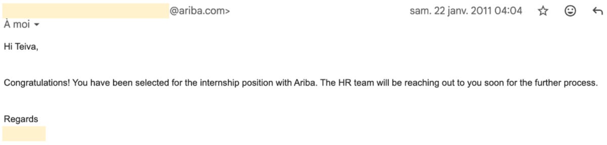 Screenshot of a congratulatory internship offer email from Ariba (ariba.com), dated Saturday January 22, 2011 at 04:04, addressed to Teiva, confirming his selection for an internship position and noting that the HR team will follow up for further steps.
