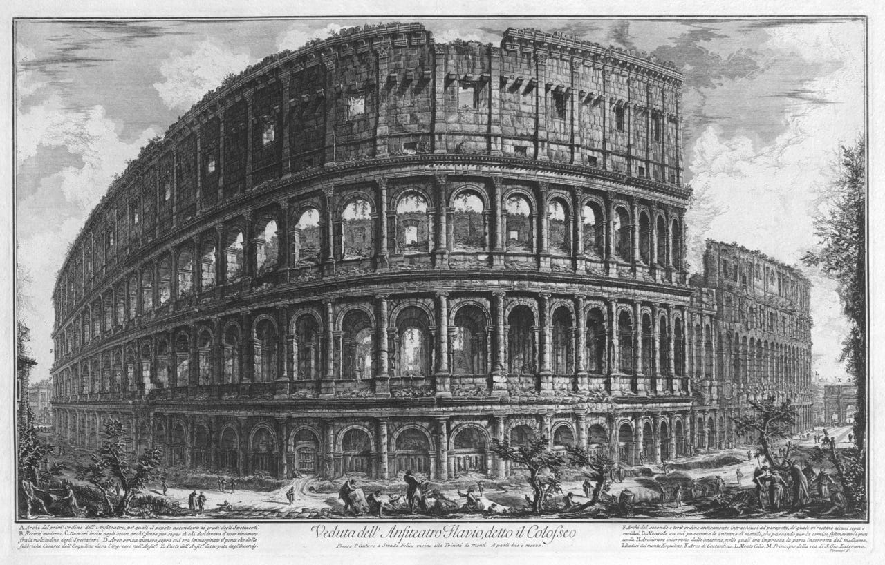 Etching of the Colosseum overgrown with weeds Etching of the Colosseum overgrown with weeds