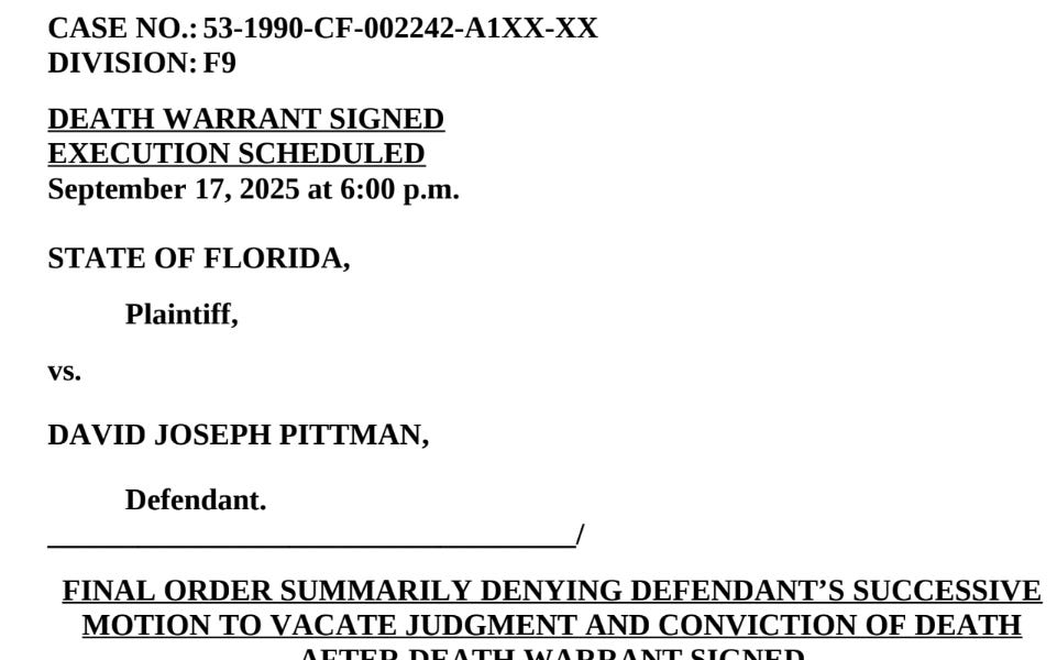 PITTMAN WARRANT: Postconviction claims denied
