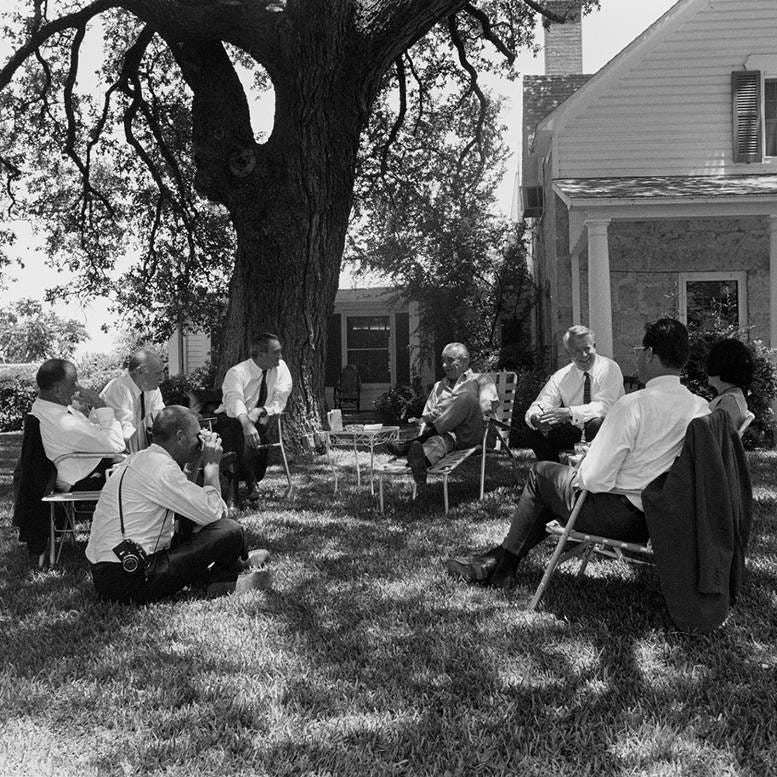 Lyndon B. Johnson and members of the press beneath the Cabinet Oak, on July 8, 1967. Photo by Mike Geissinger. Lyndon B. Johnson and members of the press beneath the Cabinet Oak, on July 8, 1967. Photo by Mike Geissinger.